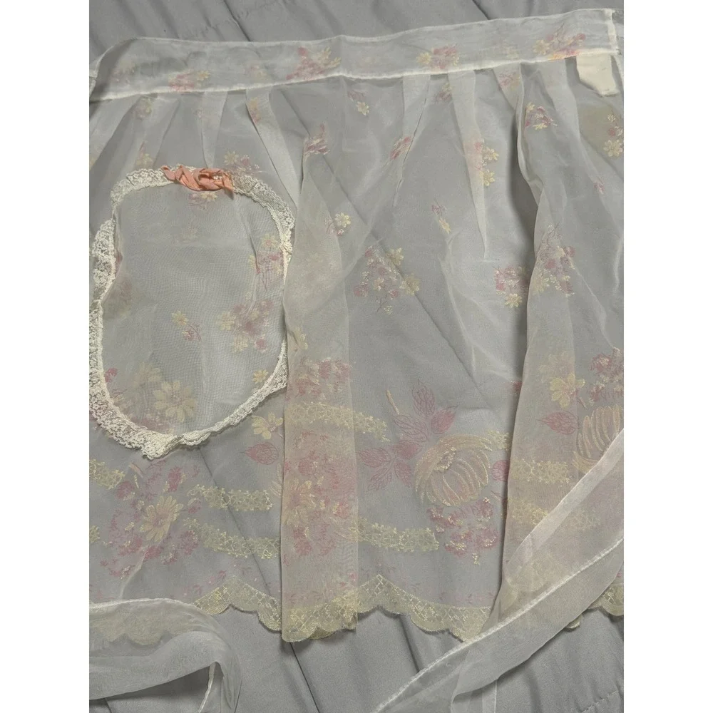 Vintage Busy Hour Aprons Sheer Floral Organza Lace Trim Half Apron Set of 2